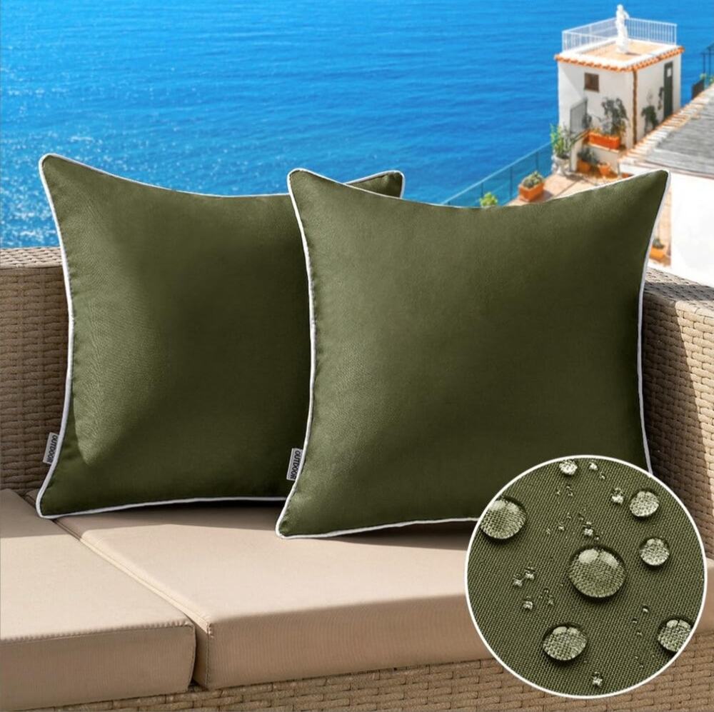 MIULEE Waterproof Pillow Covers  16 x 16 Olive Green w/ White piping